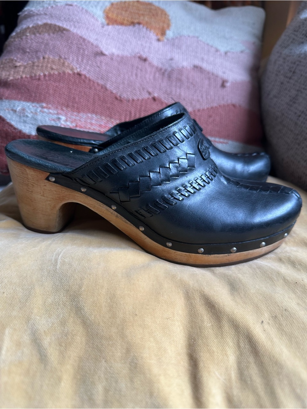 UGG Black Leather Wooden Heel Clogs with Woven Detail